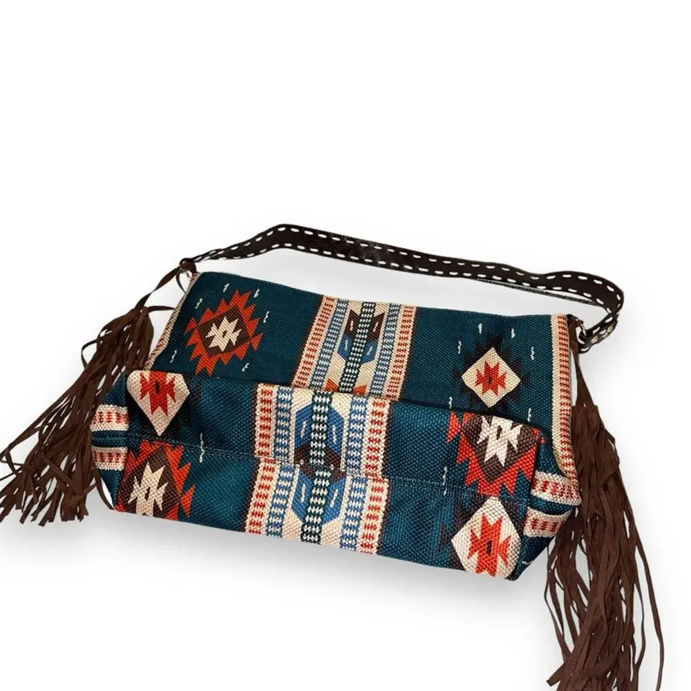 Southwestern Design Fringe Tassel Hobo Shoulder Bag Teal Blue Orange Tan Brown